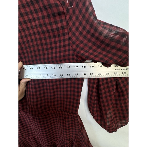 VICI Plaid Peplum Dress Red Black Check Small Sheer Balloon Sleeve Tie Front - Picture 11 of 11